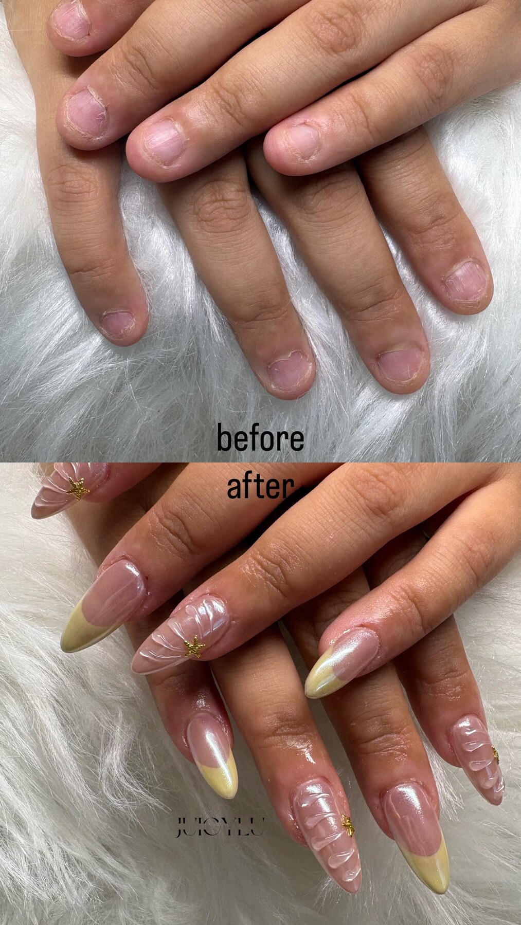 Vorher-Nachher einer Gelmodellage von JuicyLuNails